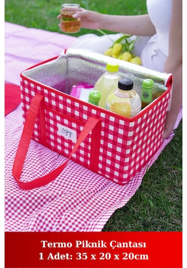 Esas Aksesuar Termo Lüks Piknik Çantası Kırmızı Ekoseli 35 X 20 X 20 Cm Kırmızı