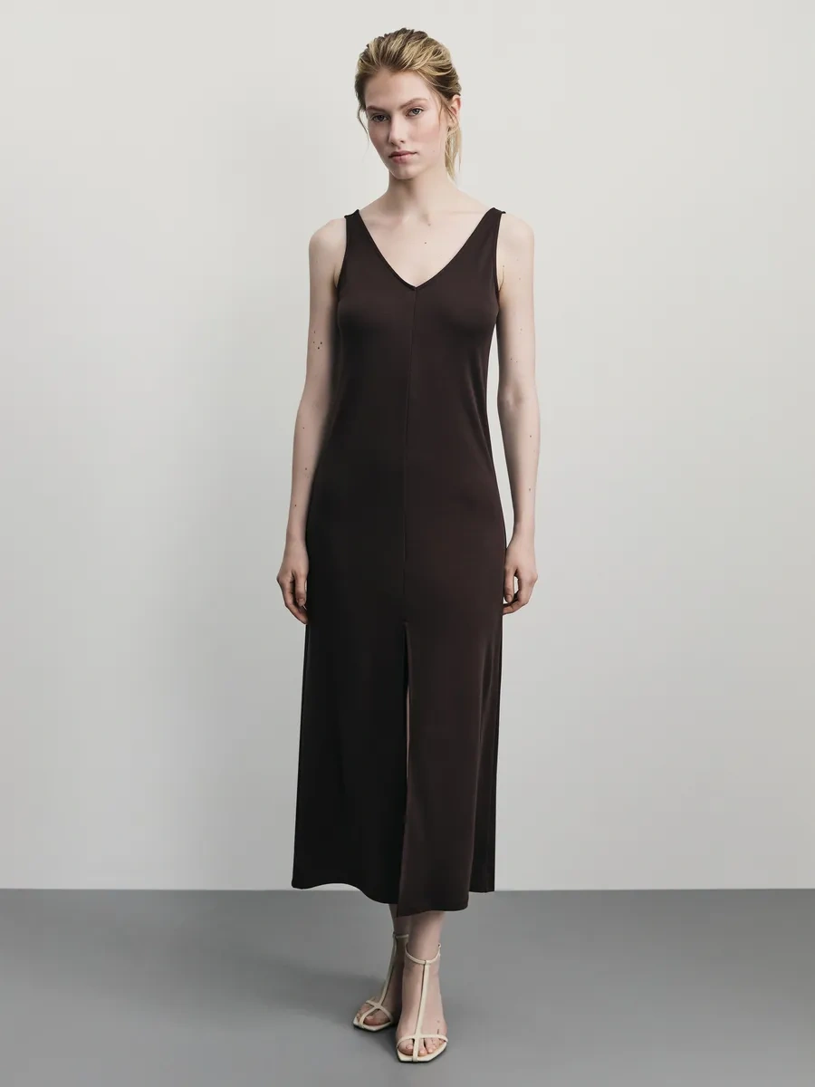 Zarına Yazlık Uzun, Yırtmaçlı Sarafan Elbise 376509342 Koyu Kahverengi