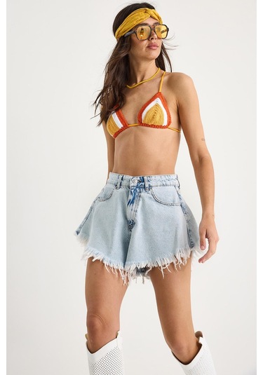 Shade Kadın Püsküllü Yüksek Bel Denim Şort 8026 60283268 - Buz Mavisi