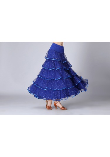 Sones Pullu Salıncak Modern Dans Uzun Etek Yarışma Kostümü Kraliyet Mavisi Saks Mavi