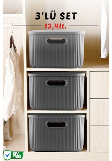 3'lü Set Çok Amaçlı Düzenleyici Depolama Kutusu Antrasit 13,4lt