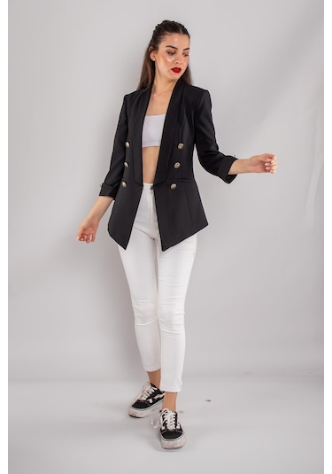 Ayhan Kadın Gold Düğme Detay Blazer Ceket 0599 Siyah Siyah
