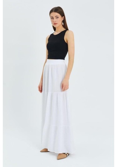 4567 Kadın Fırfırlı Uzun Müslin Etek Beyaz Beyaz