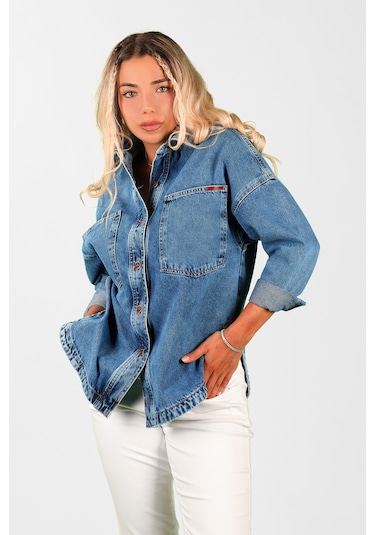 Oversize Kadın Jean Ceket Mavi