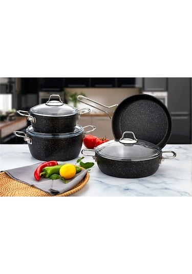 Evimsaray Tencere Seti Goldstone Granit 7 Parça Zümrüt Siyah