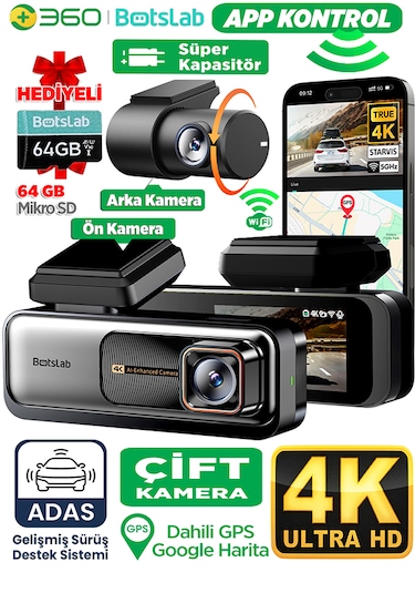 360+ Botslab G980H Pro ADAS Ön 4K UHD Arka 2K QHD 170° Geniş Açı Gece Görüş Gps+WiFi Araç İçi Kamera