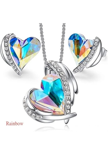 Trend Renkli Taşlı, Zirkon Taş İşlemeli Kalp Takı Seti Kolye Küpe , Yeni Yıl, Çok Renkli