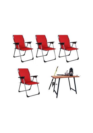 Alin Metal Lüks 4 Lü Katlanır Sandalye Ve Masa Seti Kirmizi Kırmızı