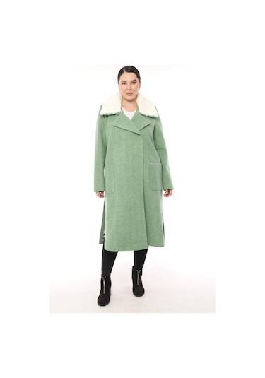 Lady Sharm Natural Kaşmir Astarlı Boynu Vizon Kaban Mint Yeşili