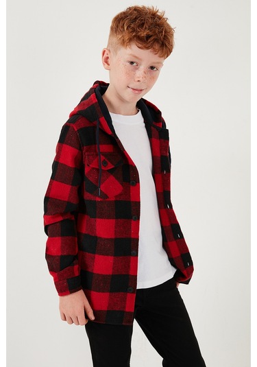 Lela Kapüşonlu Çift Cepli Ekoseli Oduncu Erkek Çocuk Gömlek Cf25W81787 Kırmızı