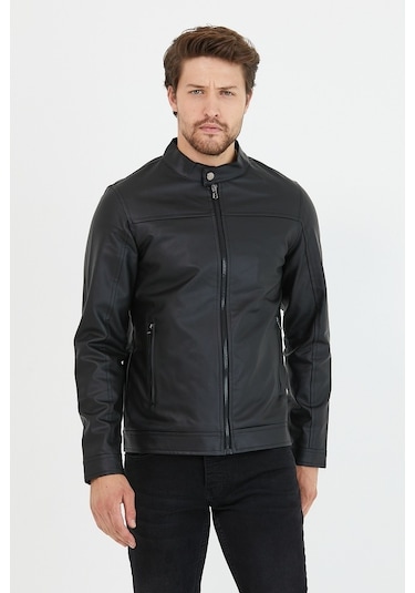 Erkek Siyah Yeni Sezon Dar Kesim Deri Ceket Mont-Siyah