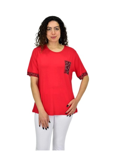 Caftan Kadın Kısa Kol Taşlı Bluz Bgl-st04709 Kırmızı