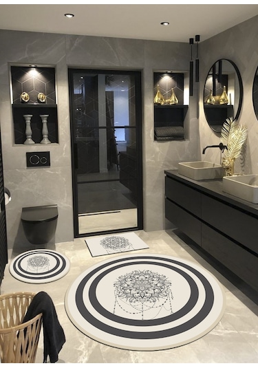 Madalyon, Dokuma Taban, Yuvarlak Banyo Halısı 100x100-60x60-40x60 Krem - Gri