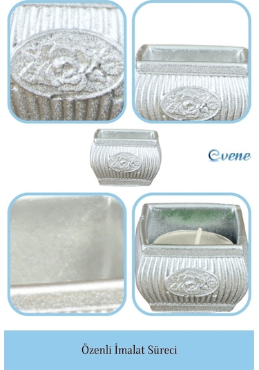 Eskitme Mumluk Şamdan Tealight Mum Uyumlu Mini Çizgili Çiçekli Model - Gümüş