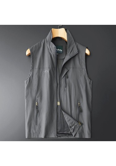 Büyük Beden Erkek İlkbahar Yaz İnce Yelek Kolsuz Ceket Dik Yaka Yelek Günlük Yelek Gri
