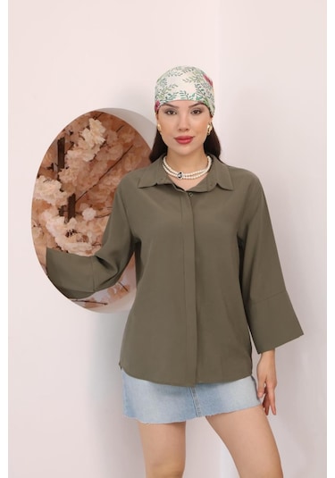 Kadın Slim Fit Dar Kesim Vücuda Oturan Uzun Kollu Haki Gömlek