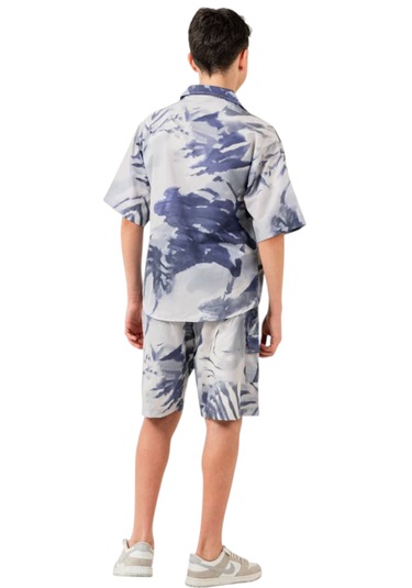 Erkek Çocuk Batik Desenli Mavi Gömlek Şort Oversize İkili Takım
