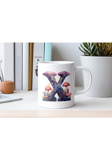 X Baş Harfi Fantastik Mantarlı Kupa Bardak - Kişiye Özel Masalsı Bardak - Hediye Beyaz