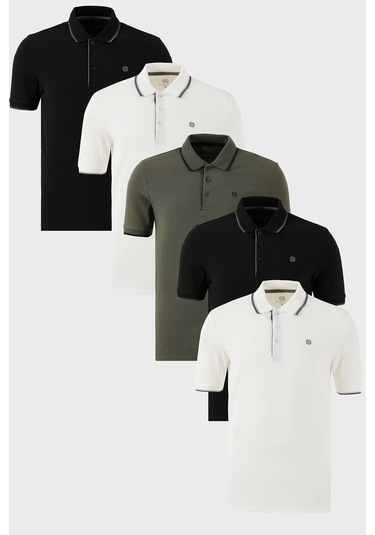 Buratti Pamuklu Slim Fit Şerit Detaylı Düğmeli Polo Yaka 5'Li Paket Erkek T Shirt 5902118S5 Siyah-Siyah-Beyaz-Beyaz-Haki