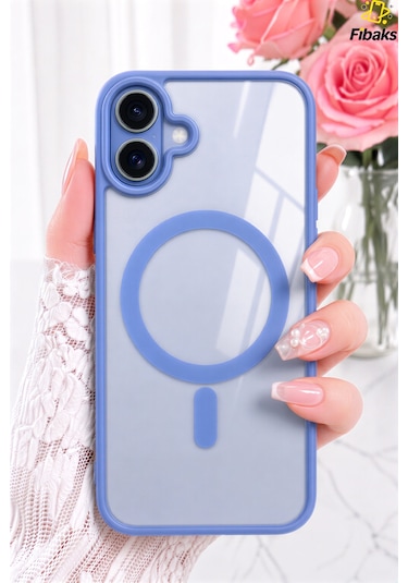 Fibaks iPhone 16 Plus Uyumlu Kılıf Magsafe Wireless Şarj Özellikli Tam Koruma Renkli Sert Kapak Mavi