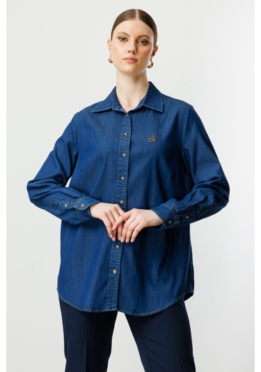 Ekol Kadın Büyük Beden Kelebek İşlemeli Gömlek 3502 Indigo İndigo