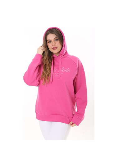 Kadın Büyük Beden Bebe Mavisi İçi Şardonlu 3 İplik Kumaş Kapşonlu Sweatshirt 65n37575-pembe Pembe