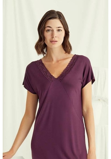 Monamise 18500 Kadın V Yaka Kısa Kollu Gecelik-bordo Bordo