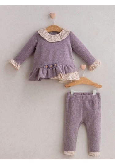 Kız Bebek Çiçek Desenli 2 Li Takım-15268 Mor