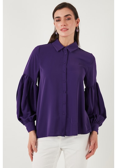 Lela Regular Fit Dikiş Detaylı Düz Yaka Balon Kol Bayan Gömlek 611Go00003 Mor