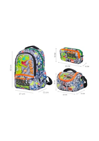 Wia Dinazor Baskılı Erkek Çocuk Üçlü Okul Çanta Seti - Gri-yeşil Çok Renkli