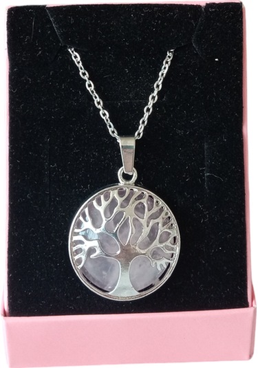 Pembe Kuvars Doğal Taşlı Çelik Kolye - Kadın Pembe