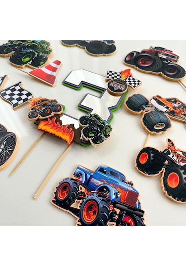 Canavar Kamyon Temalı Erkek Çocuk Doğum Günü İsme Özel 3d Pasta Süsü Seti Çocuk
