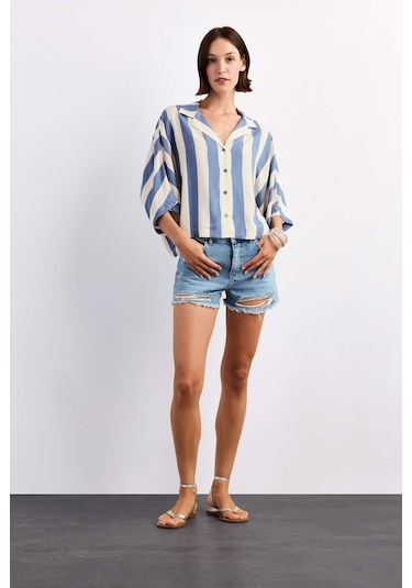 Defacto Oversize Geniş Kalıp Çizgili Kısa Kollu Gömlek G1324ax25smbe472 Mavi