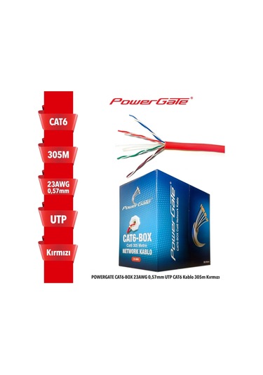 Powergate Cat6-box-re, 23awg, 0,57mm, Utp, Cat6 Kablo, 305m, Kırmızı