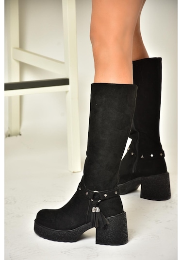 Fox Shoes T996224002 Siyah Süet Kalın Topuklu Kadın Çizme Siyah-süet