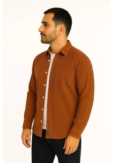 Erkek Fitilli Kadife Cepli Gömlek Oversize Rahat Kalıp - Kahverengi Kahverengi