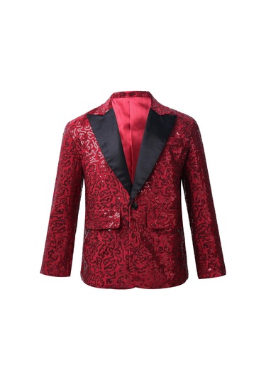 Bordo Çocuk Erkek Köpüklü Payetler Blazer Ceket Düğün Akşam Parti Dans Bir Düğme Resmi Takım Elbise Bordo