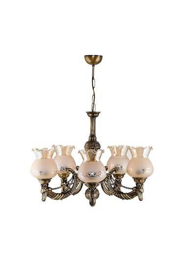 Beş Kollu Metal Eskitme Cadena Döküm Zamak Avize Mat Bal Camlı ESKİTME BAL