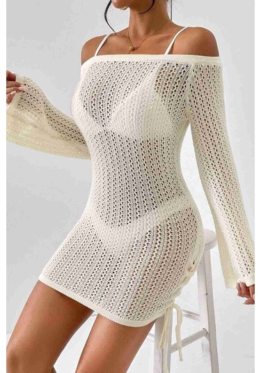 Angelsin Örme Yanlardan Büzgülü Uzun Kollu Plaj Elbisesi Pareo Krem 001