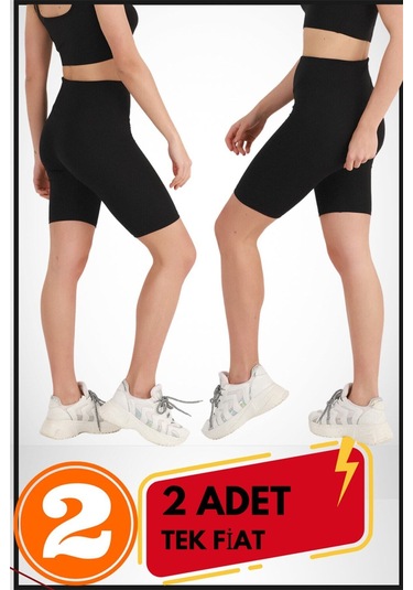 Kadın Kısa Siyah Şort Tayt 2'li Paket Lycralı Yüksek Bel Toparlayıcı Mevsimlik Biker 21070 Siyah - Siyah