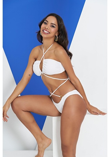 Ruko Maio 2315-1 Beyaz Çapraz İp Modelli Boyundan Bağlamalı Bikini 001