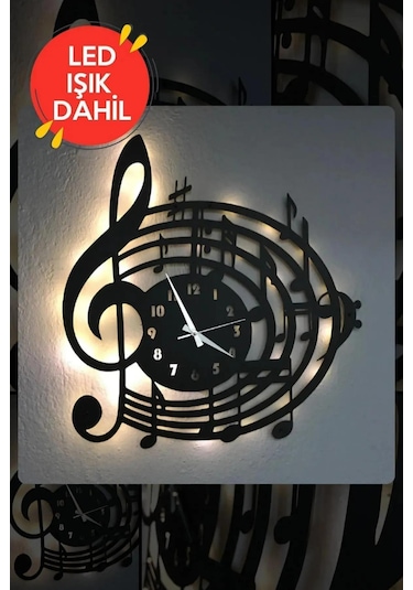 Led Işıklı Ahşap Müzik Duvar Saati Sessiz Dekoratif Modern Siyah
