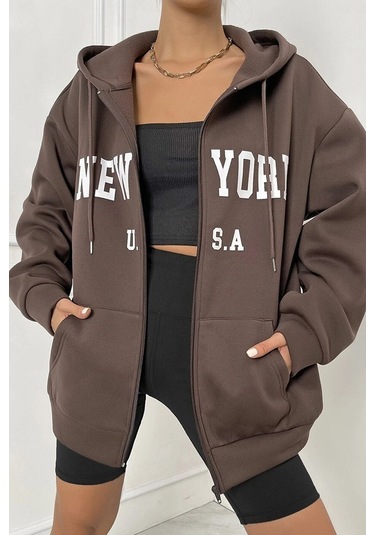 Modagen Unisex Kahverengi Newyork Baskılı Oversize Hırka Kkahverengi