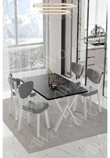 Avvio Lionel Beyaz Elma Sandalye 80x120 Yemek Masası Mutfak Masası 4 Kişilik Masa Sandalye Takımı Siyah Mermer