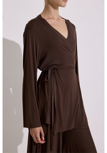 Bağlamalı Dökümlü Kimono Kahverengi Kahverengi