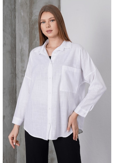 Paw Garage Kadın London Keten Tek Cepli Oversize Gömlek, Premium Kalite Keten Gömlek Beyaz
