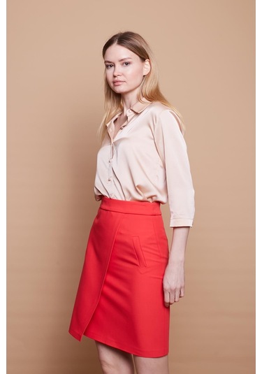 Yüksek Bel Anvelop Kruvaze Pamuklu Likralı Kumaş Kalem Ofis Etek -mercan - Mercan