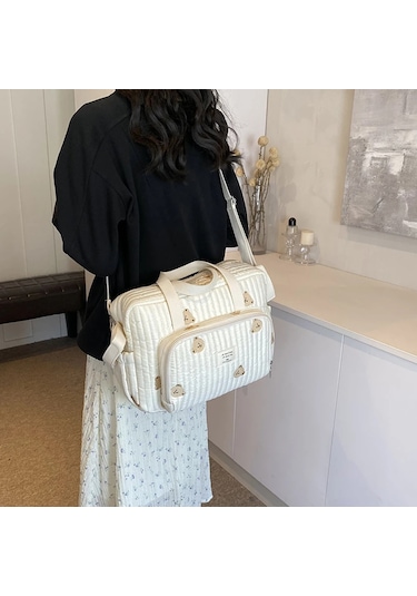 Sevimli Ayı Çiçek Nakış Desen Bebek Bej Pamuklu Kumaş Fermuar Beyaz