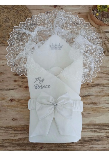 Yenidoğan Sahra Taç Benim Prensim Nakışlı Kundak Bebek Battaniyesi Ekru