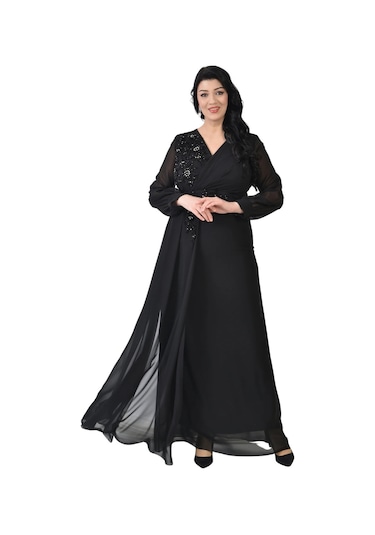 Lilas Xxl Kadın Büyük Beden Uzun Şifon Abiye Elbise 9571 Siyah